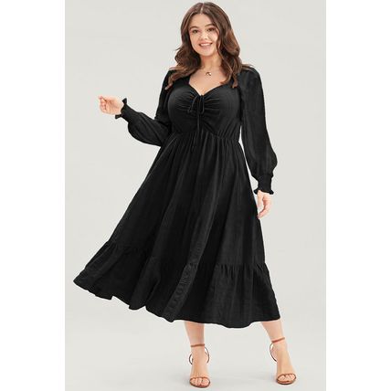 Black Lace-up Ruched Front Long Sleeve Ruffle Hem Plus Size Midi Dress