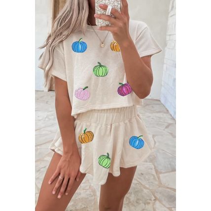 Beige Multicolor Sequin Pumpkin Cropped Tee Loose 2pcs Skort Set