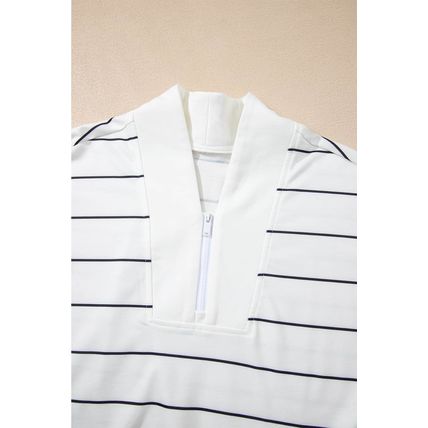 White Zip V Neck Casual Stripe Print Drop Shoulder Long Sleeve Top