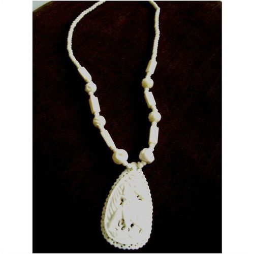 Vintage Retro Carved Ox Bone Oval Pendant 18" Necklace Metal Barrel Clasp