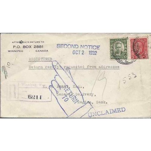Canada Medellion Issue 1942 13 Cent REGISTERED Winnipeg, RETURNED, 2nd Notice