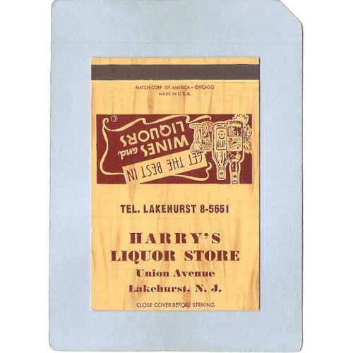 New Jersey Lakehurst Matchcover Harry's Liquor Store Union Ave~3489