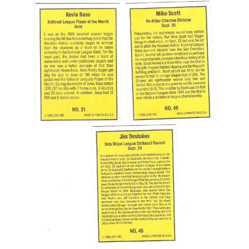 Three 1986 Donruss Highlights Astros baseball cards – Scott, Bass, Deshaies