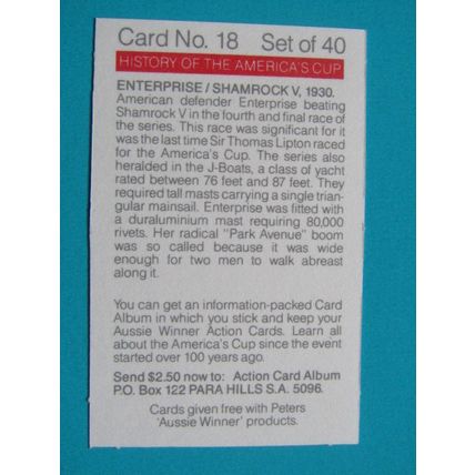 Peters Foods Australia 1987 The History of the Americas Cup Cards Choice (e25)