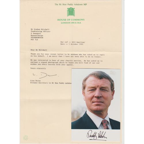 Autograph 1993 Paddy Ashdown MP Liberal party leader with accompanying letter