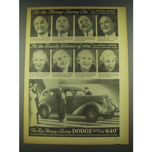 1936 Dodge Touring Sedan Ad, Victor Moore, Benay Venuta
