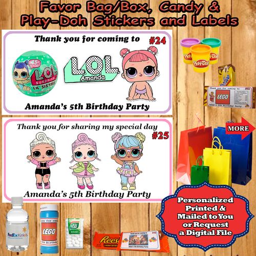 LOL Surprise Birthday Stickers 1 sheet Favor Water Bottle Label Personalized