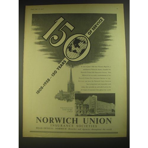 1958 Norwich Union Insurance Ad - 1808-1958 - 150 years of service