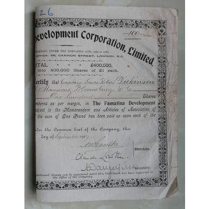 Famatina Development Corporation Limited 100 Shares 1907 Stock/Share Certificate