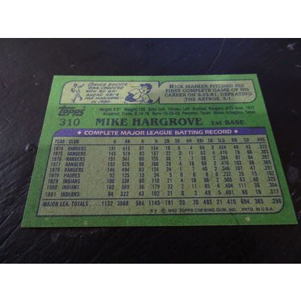 1982 Topps Card # 310A Mike Hargrove Very Good-Excellent (4) Cleveland Indians