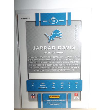 2017 Panini Optic JARRAD DAVIS (Lions) Prizm Aqua Rookie Card #110 198/299