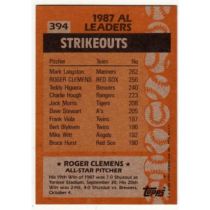 1988 Topps Roger Clemens baseball card #394 – Red Sox All Star