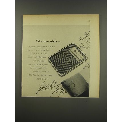 1956 Lord & Taylor Advertisement - Rattan Tray Mat and Napkins by Lyn