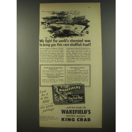 1956 Wakefield's Frozen Alaska King Crab Ad - We fight world's stormiest seas