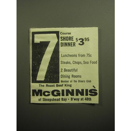 1958 McGinnis Restaurant Ad - 7 course shore dinner