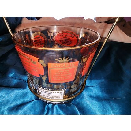 Vintage Bacardi Ice Bucket Drink Recipe Red/Gold W/Stand + Ice Tongs - Mad Men!