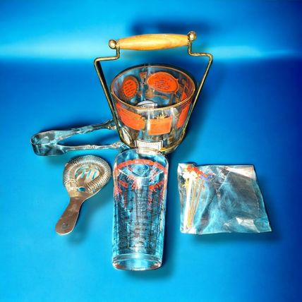 Vintage Bacardi Ice Bucket Drink Recipe Red/Gold W/Stand + Ice Tongs - Mad Men!