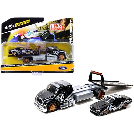 International DuraStar Flatbed Truck #22 and 1988 Ford Mustang LX #22 Matt Bl...