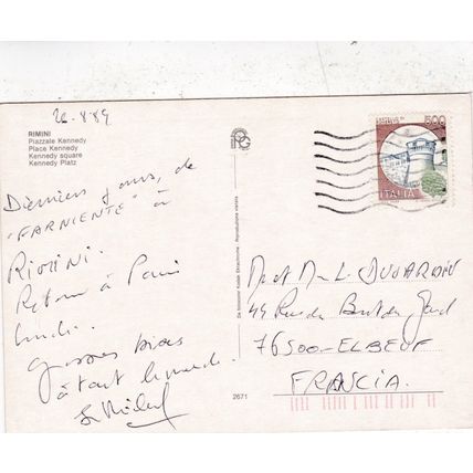 Rimini Kennedy Piazzale Italy Postcard posted 1989 creased