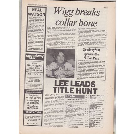 Speedway Star : May 26, 1984. Michael Lee Leads title hunt.