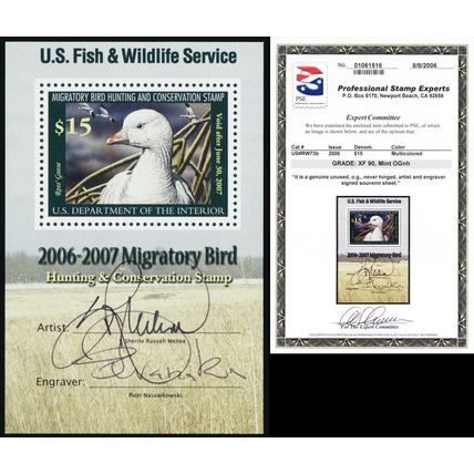 RW73b, MNH $15 2 Sigs Souvenir Sheet - Graded 90 PSE Certificate - Stuart Katz
