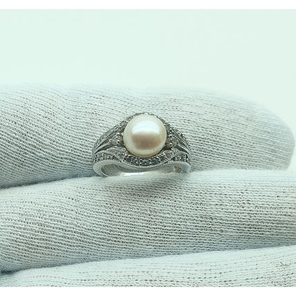 Vintage Art Deco Style 925 Sterling Silver and Cultured Pearl and Crystal Ring