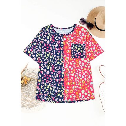 Plus Size Leopard Colorblock Short Sleeve Top