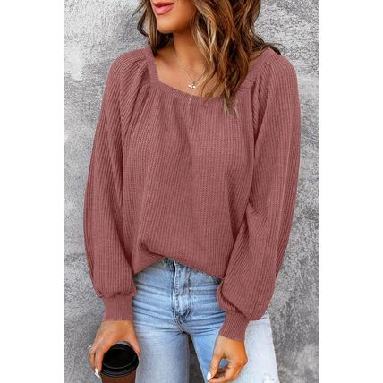 Square Neck Puff Sleeve Waffle Knit Top