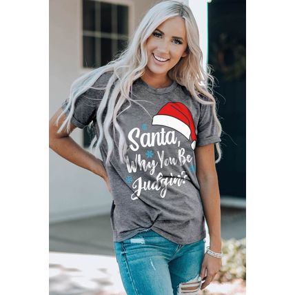 Gray Christmas Santa Hat Snowflake Letter Print Graphic Tee