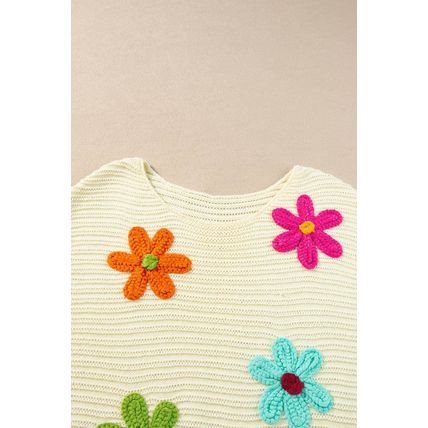 White Flower Crochet Round Neck Knitted Top