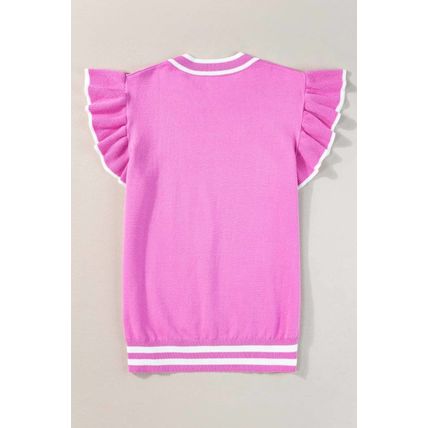 Bonbon Edge Piping Ruffled Sleeve Round Neck Knit Top