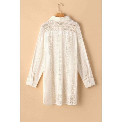 Beige Lace Crochet Collared Tunic Oversized Shirt