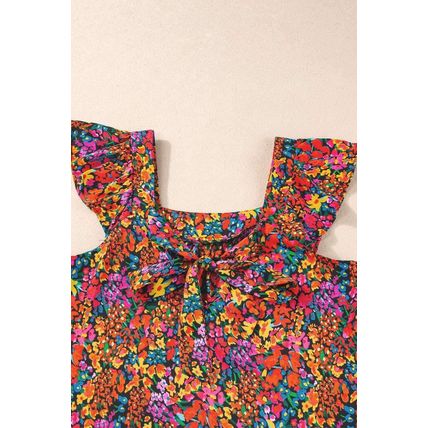 Multicolour Floral Print Cap Sleeve Square Neck Back Knot Blouse
