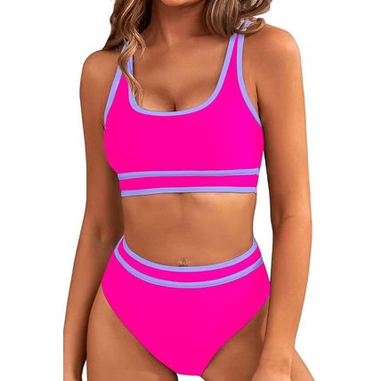 Rose Red Contrast Trimmed U Neck High Waist Bikini