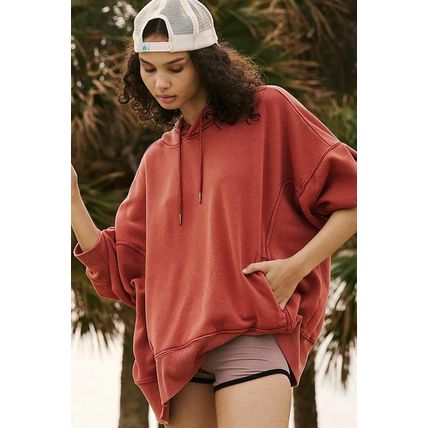 Red Clay Drop Shoulder Pocketed Baggy Drawstring Hoodie