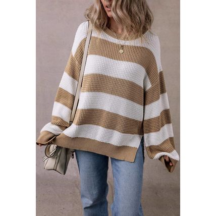 Light French Beige Colorblock Striped Drop Shoulder Side Slit Sweater