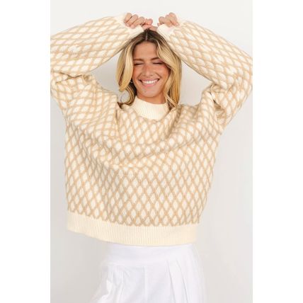 Oatmeal Diamond Knit Drop Shoulder Loose Sweater