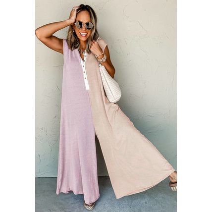 Parchment Color Block Corded Knit Buttoned Super Wide Leg Jumpsuit