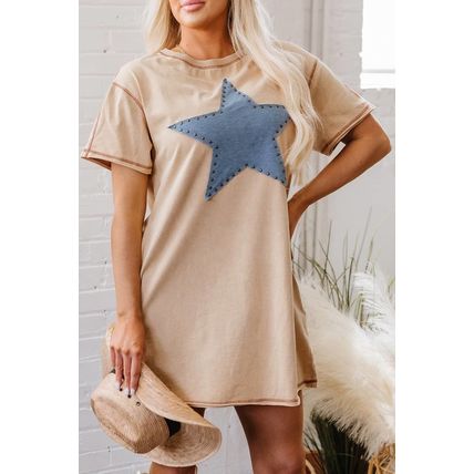 Pale Khaki Mineral Wash Stud Beaded Star Graphic Pocketed T Shirt Dress
