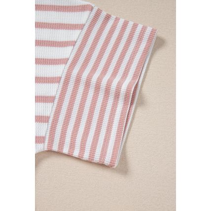 Pink Stripe Waffle Knit Pocketed Half Sleeve Plus Size T Shirt