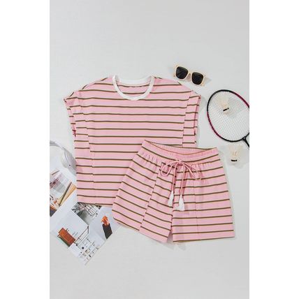 Pink Stripe Wide Short Sleeve Tee and Short Set