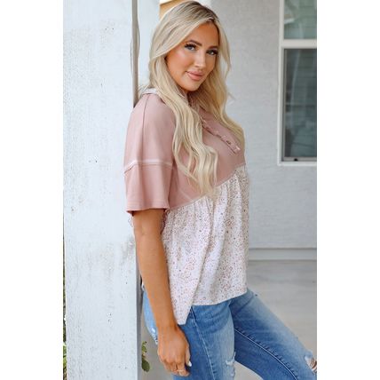 Pink Waffle Floral Patchwork Exposed Seam Detail Short Sleeve Top