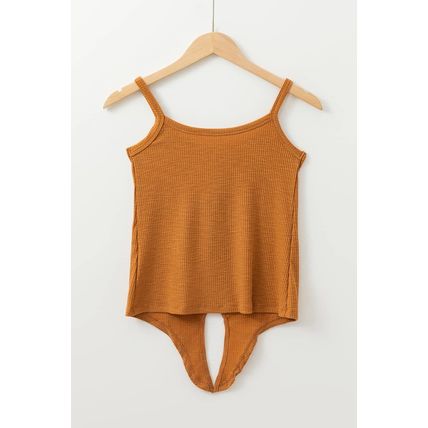 Straw Yellow Ribbed Front Knot Buttoned Thin Strap Tank Top