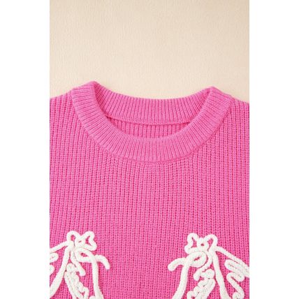 Bright Pink Western Horse Embroidered Round Neck Sweater Tee
