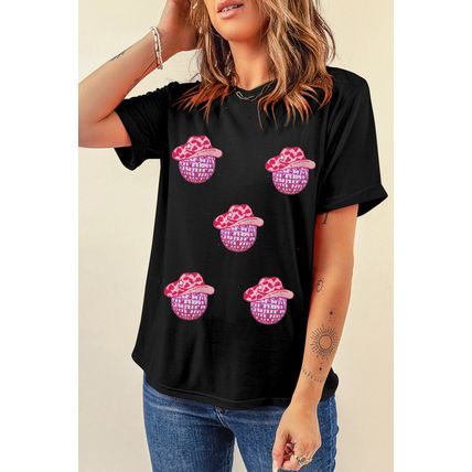 Black Cowboy Hat Disco Ball Patched Round Neck T Shirt