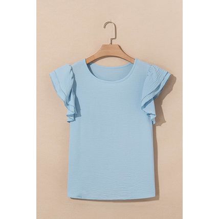Mist Blue Solid Color Ruffled Short Sleeve Casual Blouse