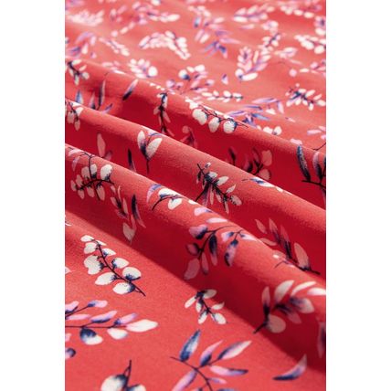 Red Floral Tie Split Neck Short Flounce Sleeve Crinkled Blouse