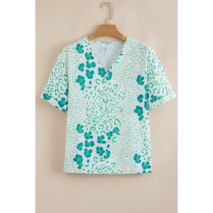 Green Mixed Leopard Print V Neck Short Sleeve Blouse