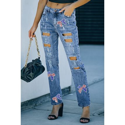 Light Blue Flag Pattern Inspired Sequin Bow Graphic Distressed Jeans