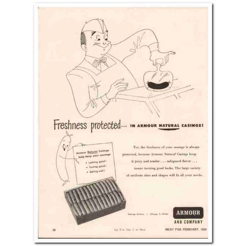 armour company 1952 freshness protected casing meat packing vintage ad